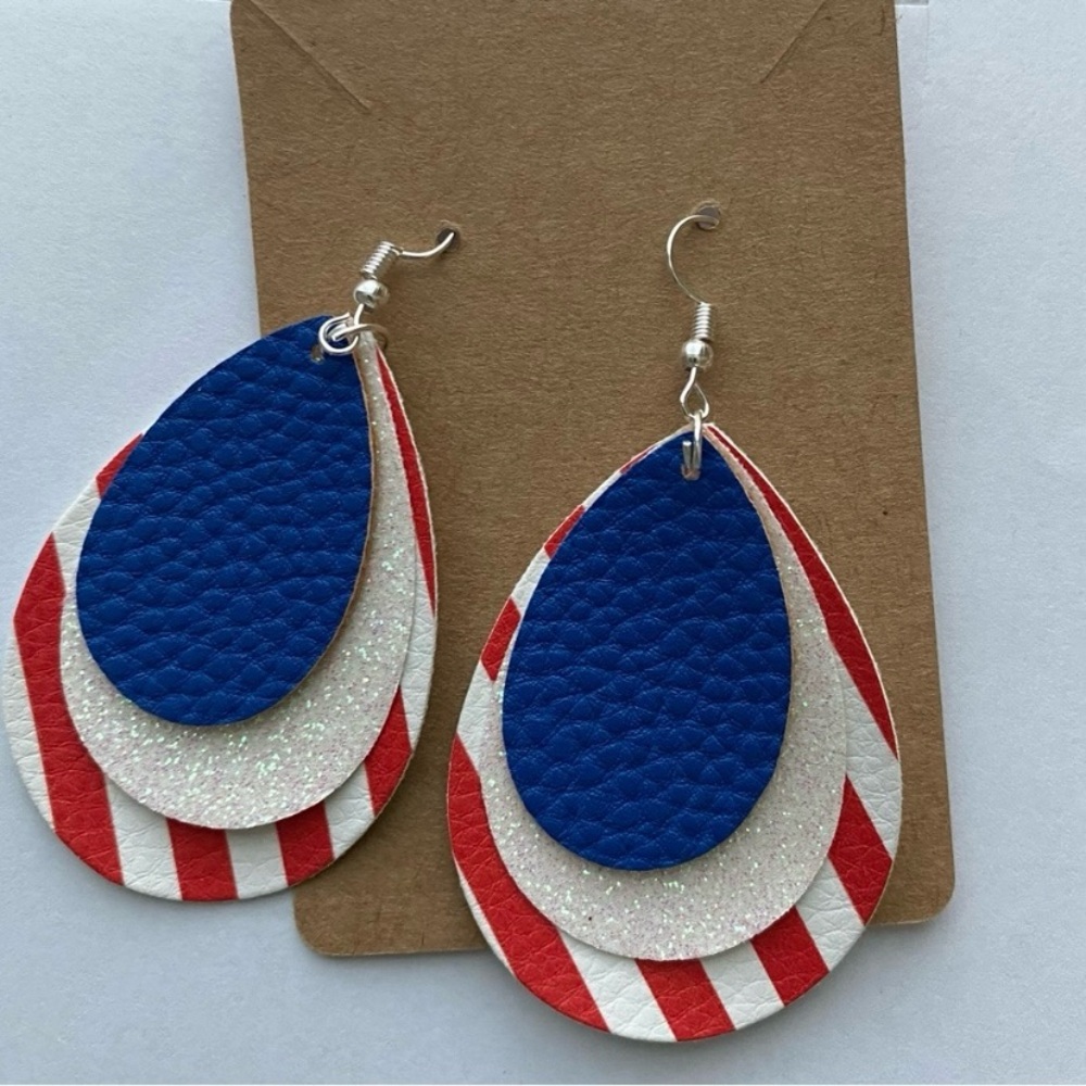 Hand Crafted Patriotic Faux Leather Layered Blue Red Striped Teardrop Ea…